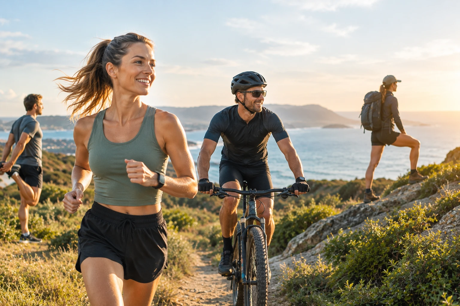 Runner, cyclist and hiker enjoying a coastal trail at sunset