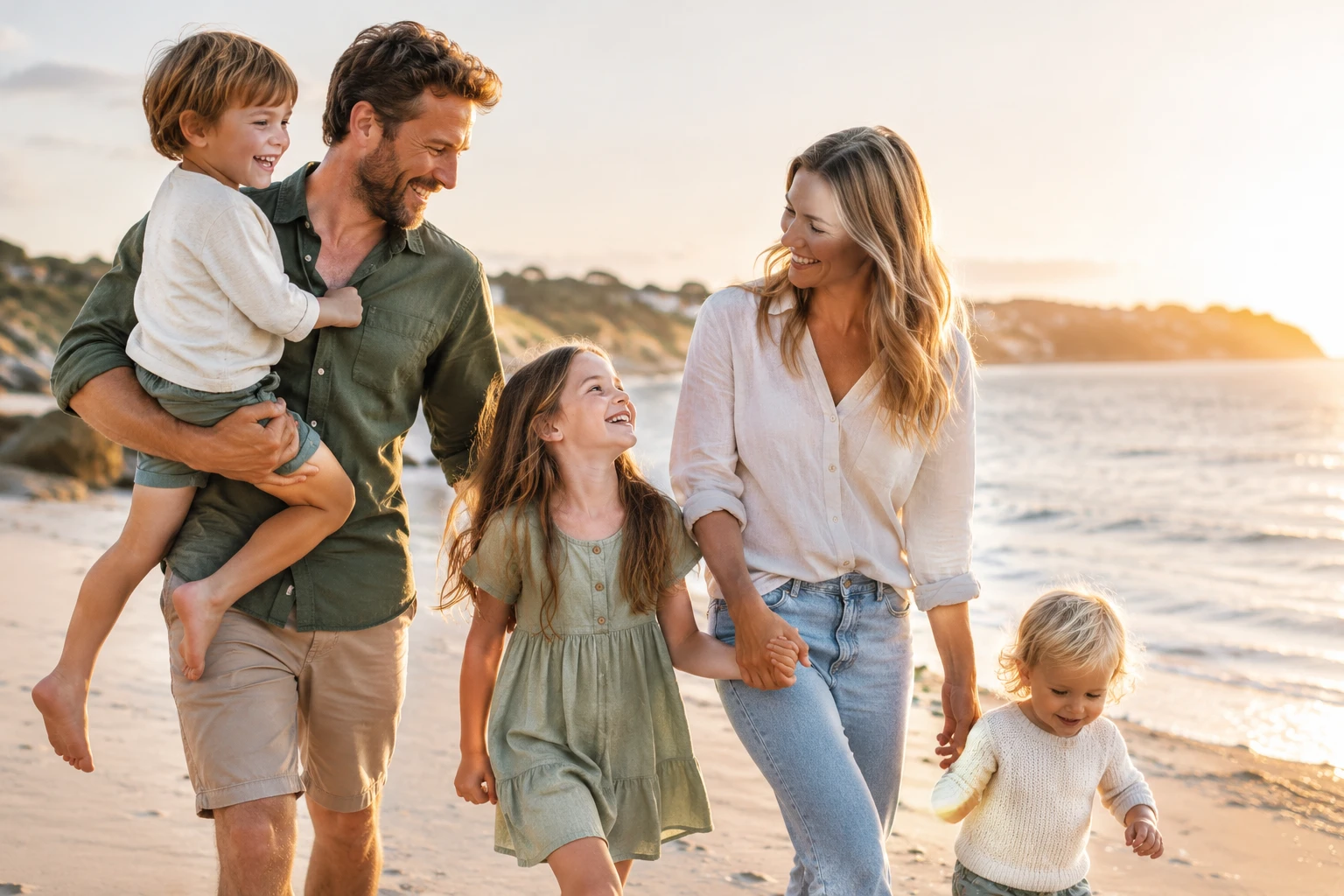 A family walking together on the beach at sunset