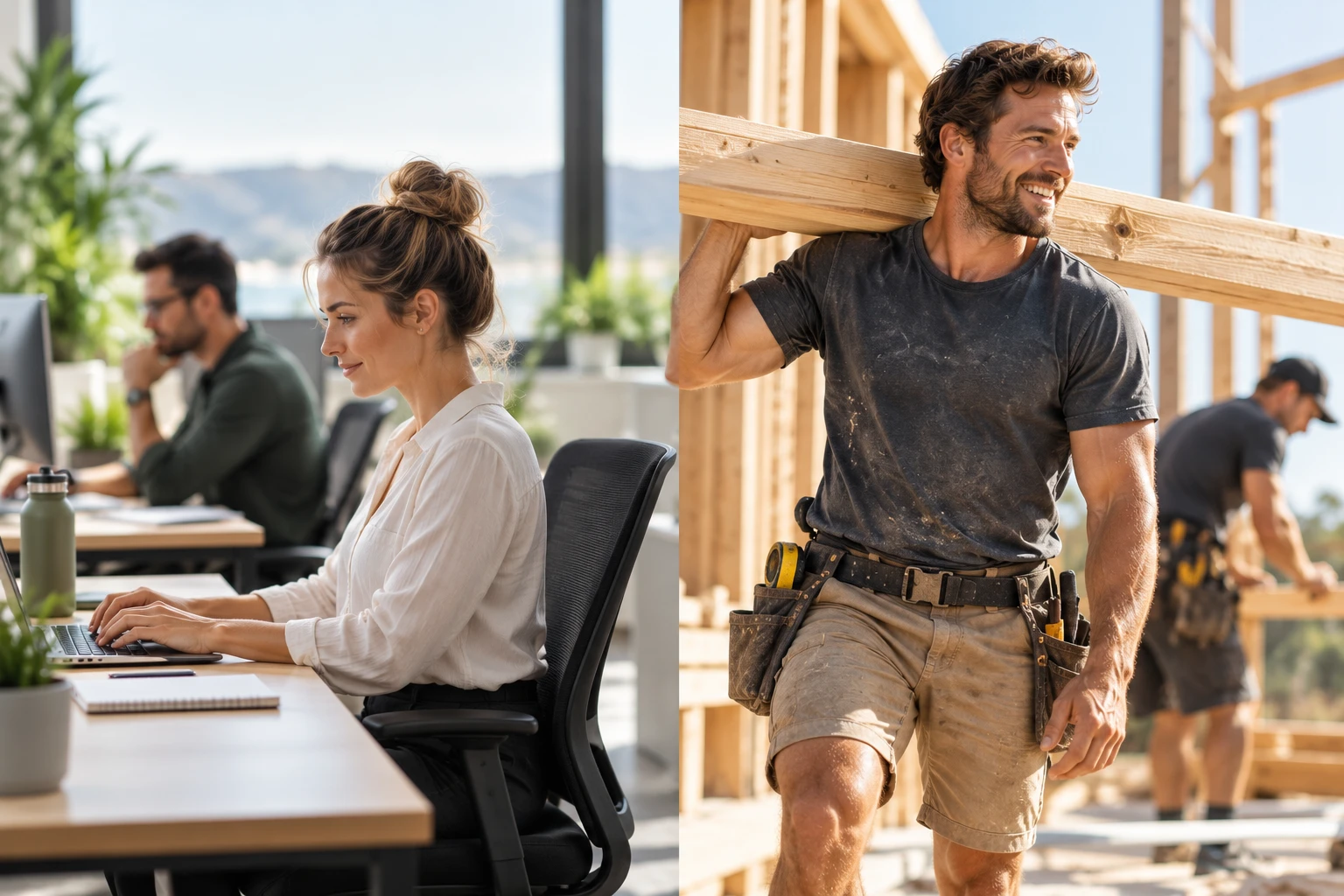 An office worker at her desk and a tradesperson carrying timber on a building site