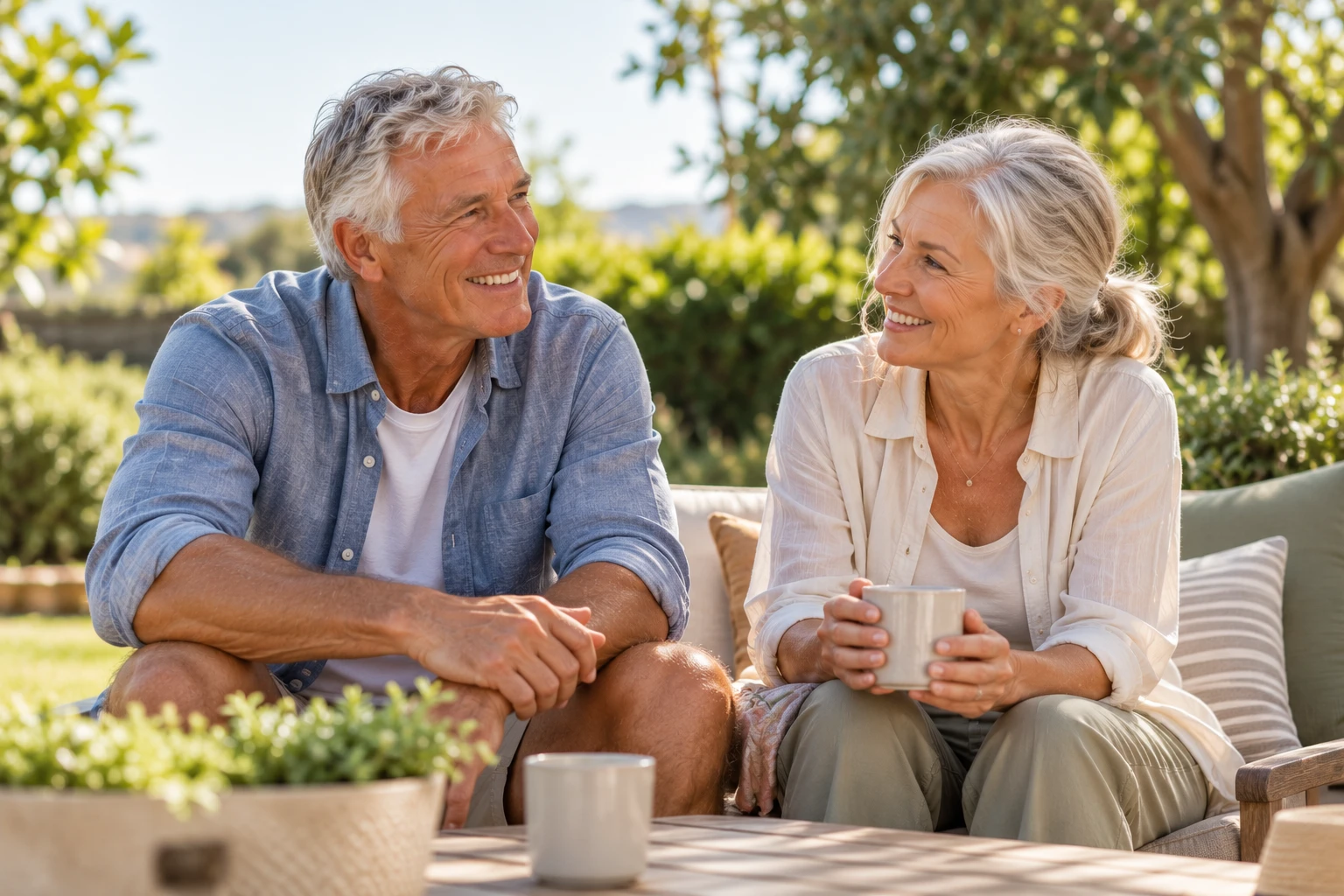 An older couple relaxing and chatting in a sunny garden